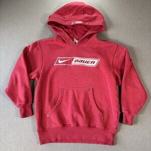 Vintage Nike Bauer Hockey Hoodie Youth S Red Sweatshirt Center Swoosh‎ 90s Y2K